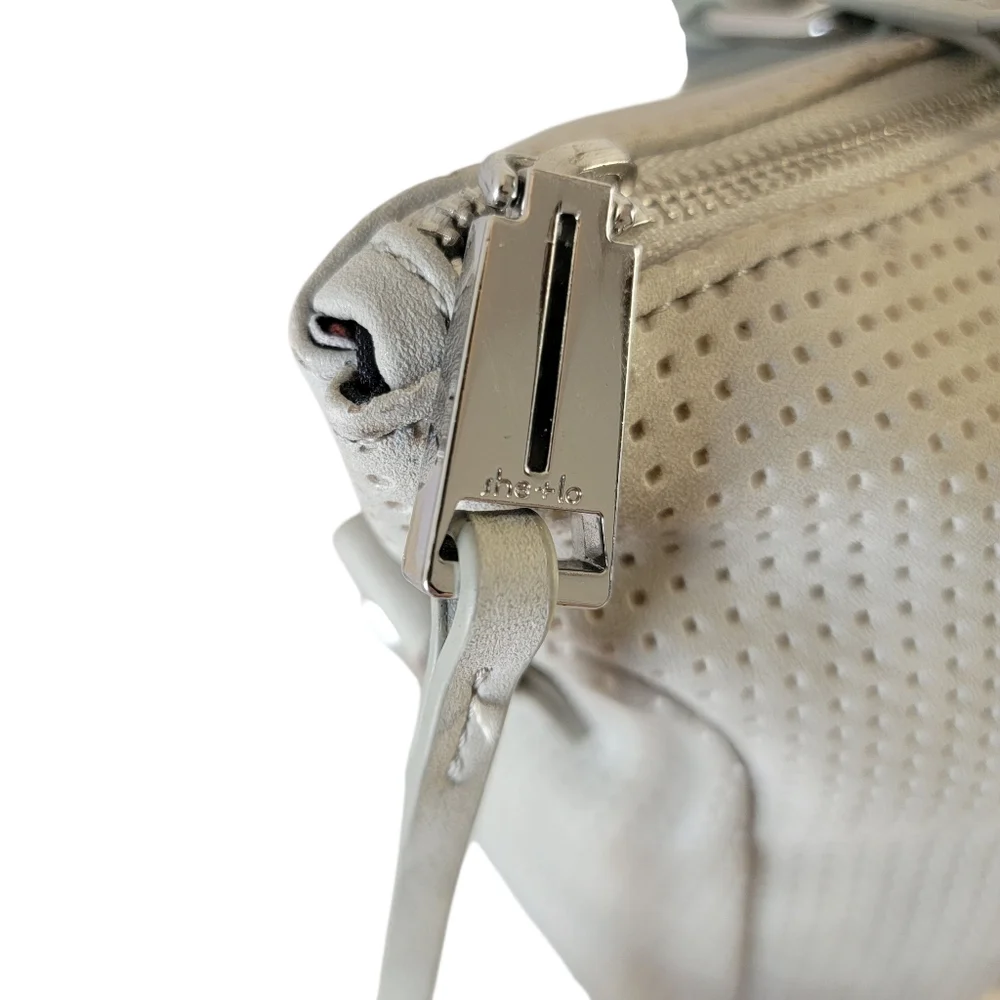 She + Lo Hobo Bag Gray Cutout Pattern Studded Faux Leather Missing Strap EUC